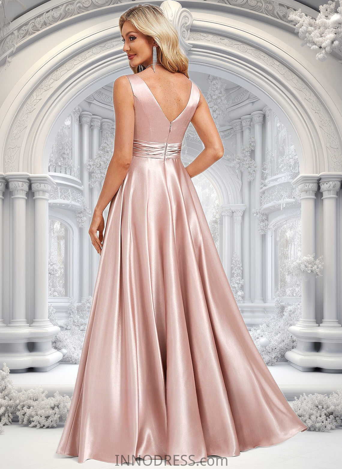 Valentina A-line V-Neck Floor-Length Stretch Satin Bridesmaid Dress DPP0025779