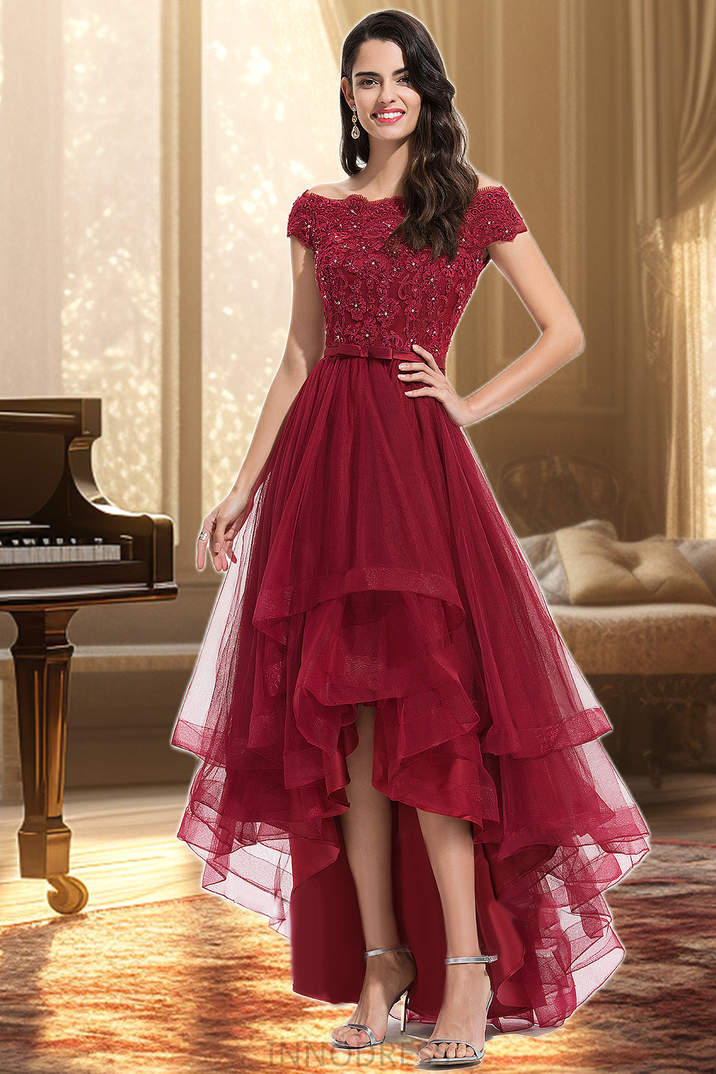 Brynlee A-line Off the Shoulder Asymmetrical Lace Tulle Homecoming Dress With Beading Bow Sequins DPP0020535