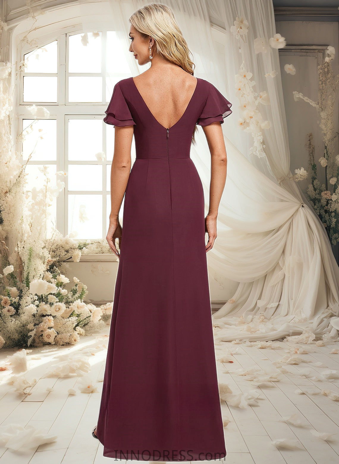 Camila A-line Boat Neck Floor-Length Chiffon Bridesmaid Dress With Ruffle DPP0025827