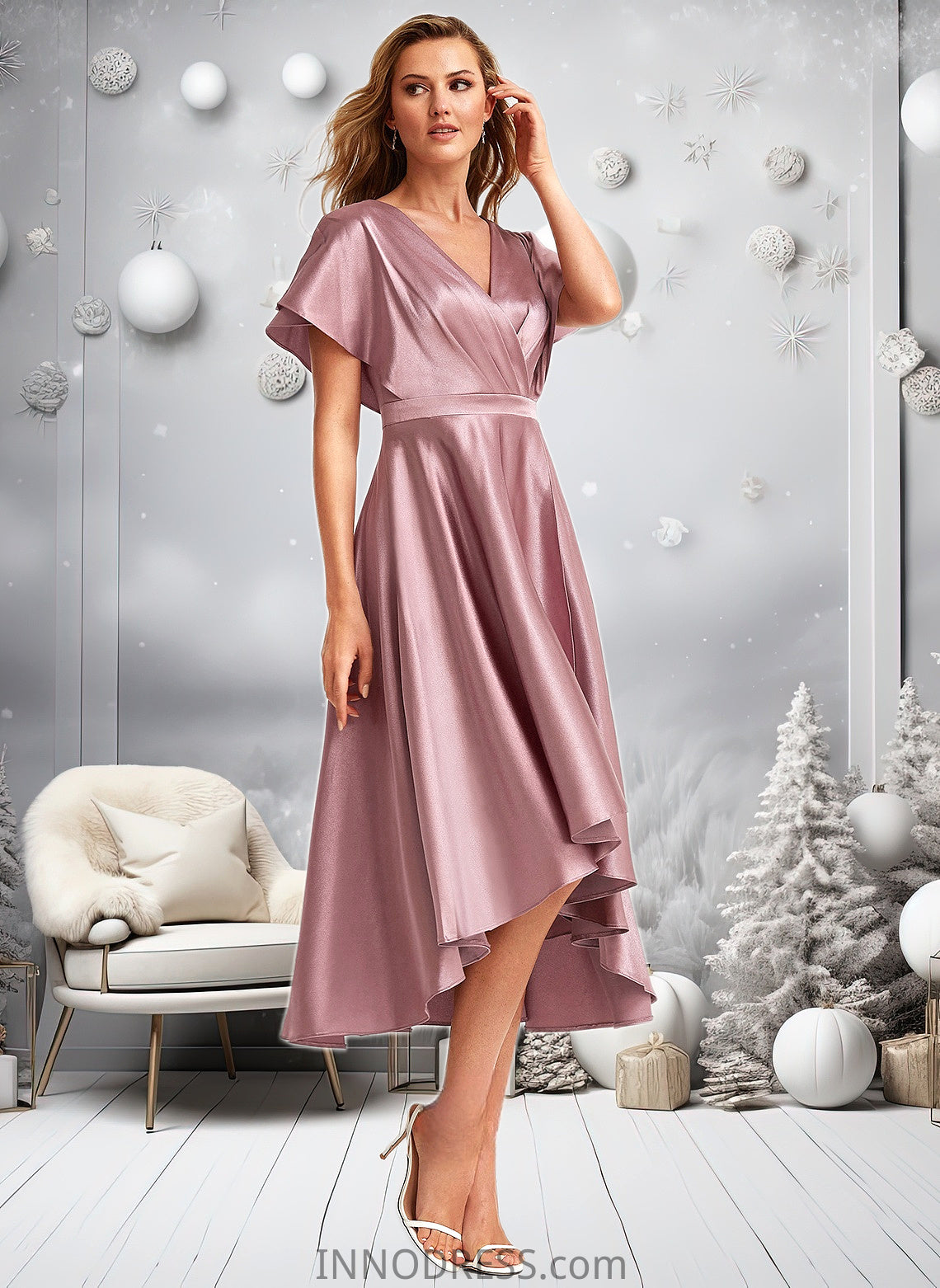 Lori A-line V-Neck Asymmetrical Stretch Satin Bridesmaid Dress DPP0025752