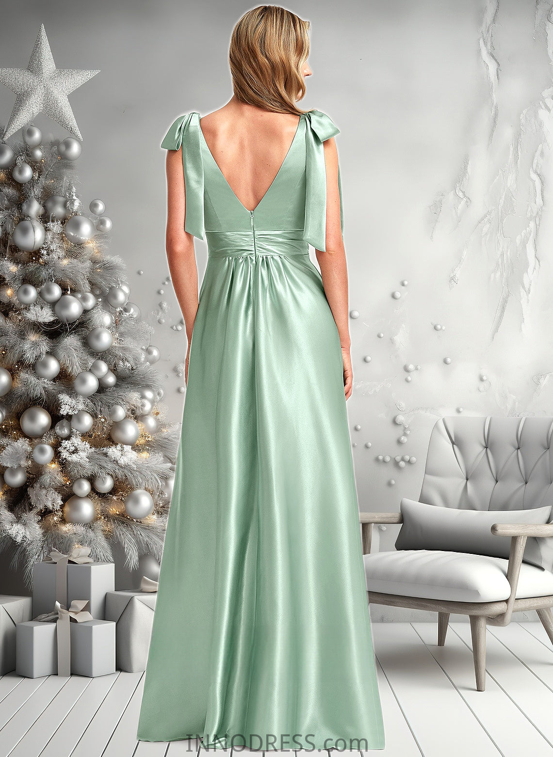 Lesley A-line V-Neck Floor-Length Stretch Satin Bridesmaid Dress With Bow DPP0025737