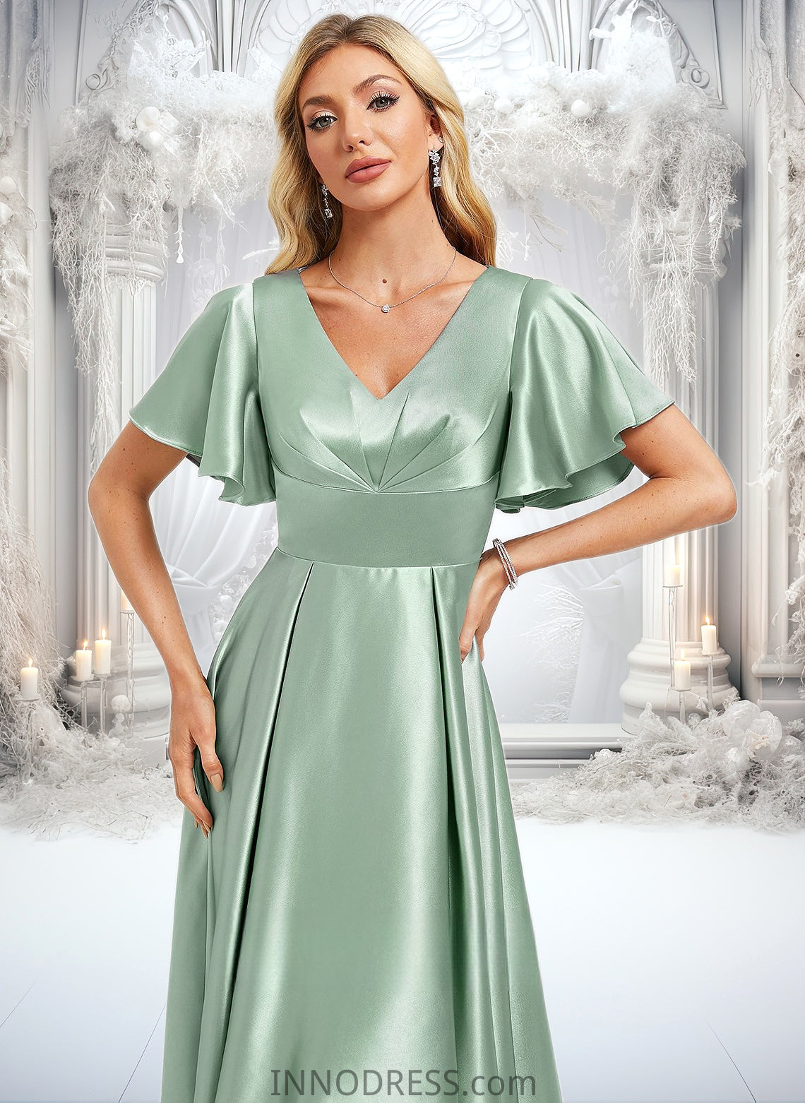 Leyla A-line V-Neck Asymmetrical Stretch Satin Bridesmaid Dress With Ruffle DPP0025772