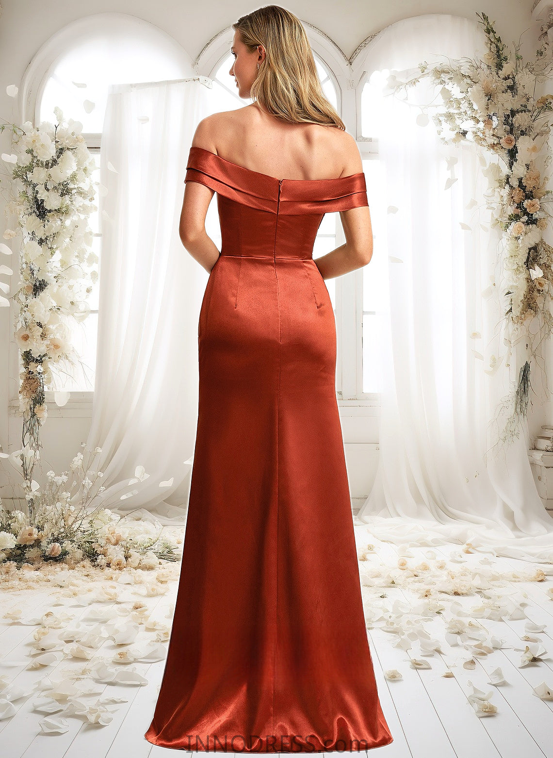 Ruth A-line Off the Shoulder Floor-Length Stretch Satin Bridesmaid Dress DPP0025757