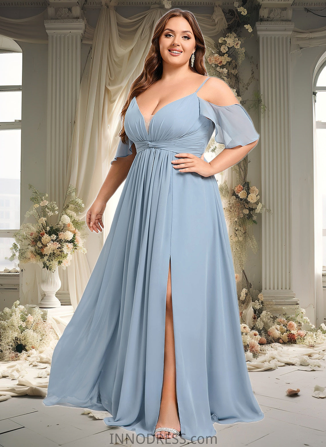 Valeria A-line Cold Shoulder Floor-Length Chiffon Bridesmaid Dress With Ruffle DPP0025797