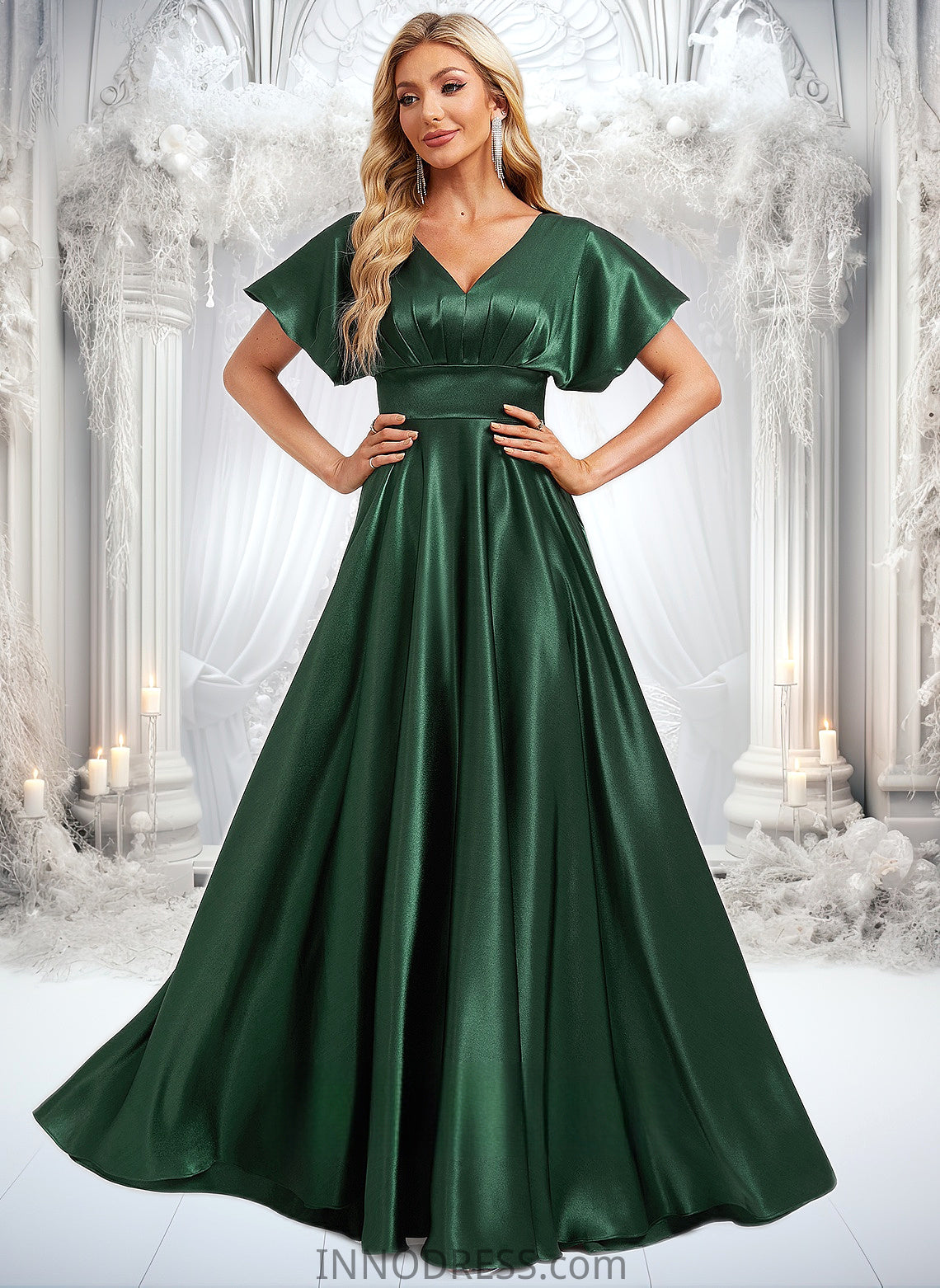 Rayna A-line V-Neck Floor-Length Stretch Satin Bridesmaid Dress DPP0025782