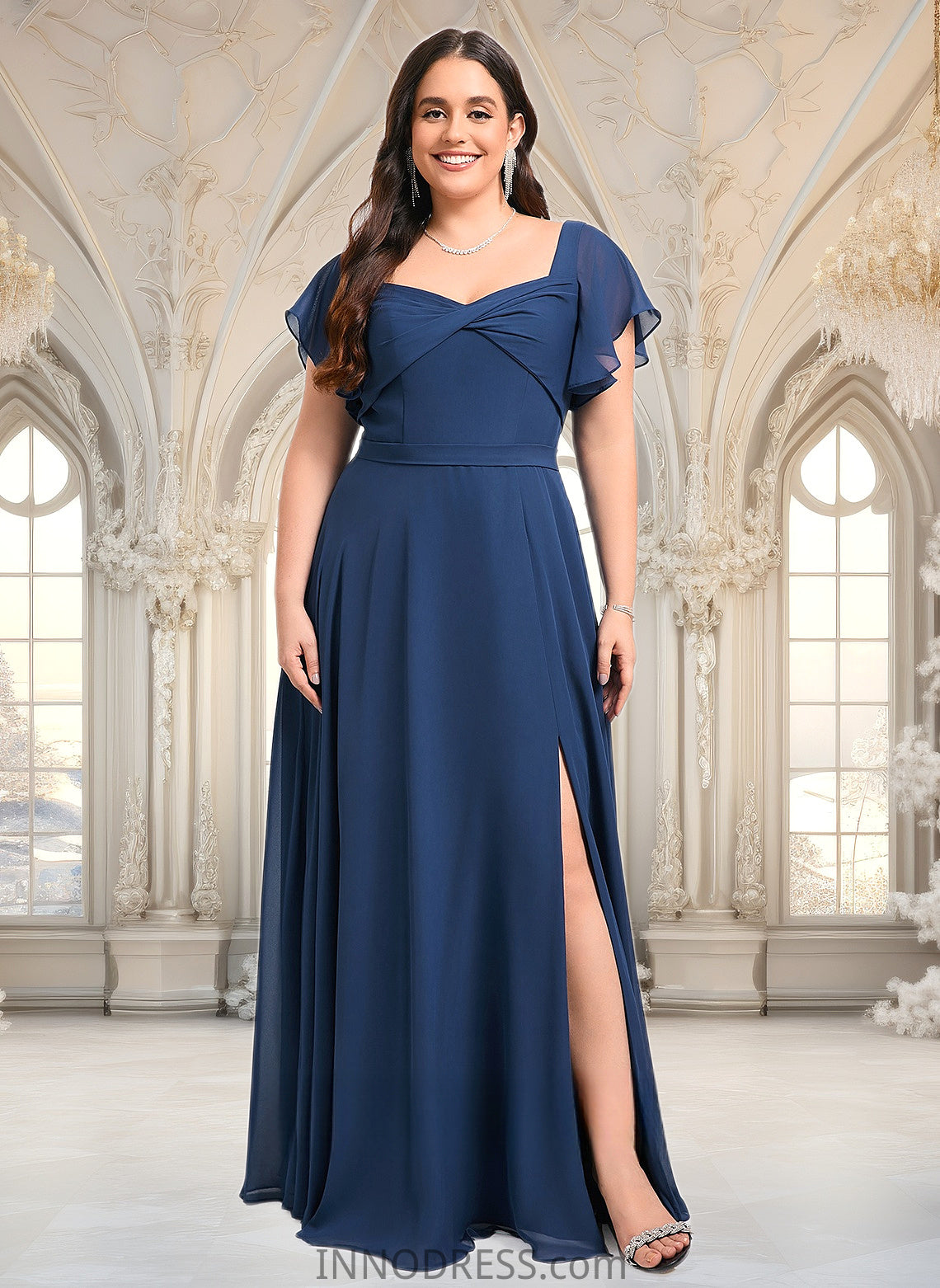 Morgan A-line V-Neck Floor-Length Chiffon Bridesmaid Dress With Ruffle DPP0025802