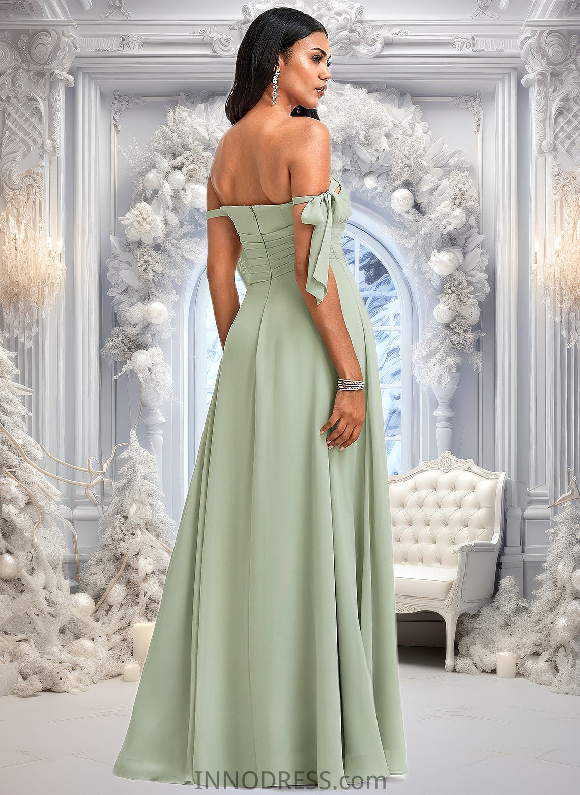 Macy A-line Cowl Floor-Length Chiffon Bridesmaid Dress With Bow DPP0025738