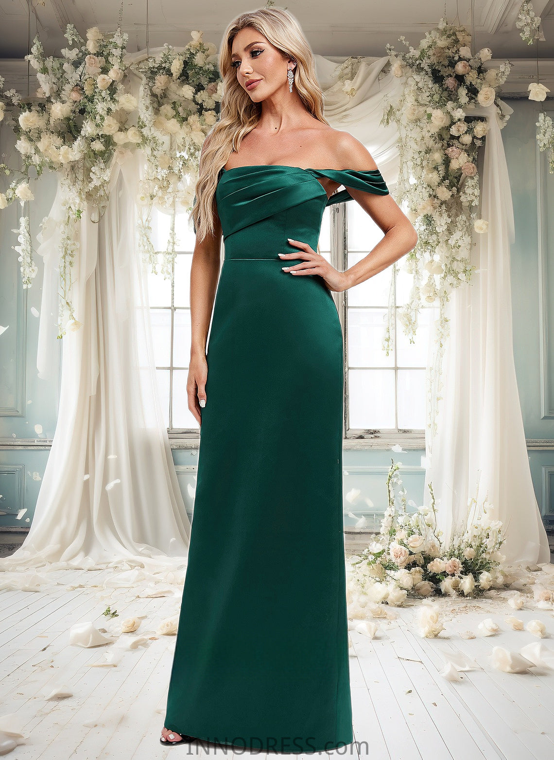 Janey Sheath/Column Off the Shoulder Floor-Length Satin Bridesmaid Dress DPP0025815