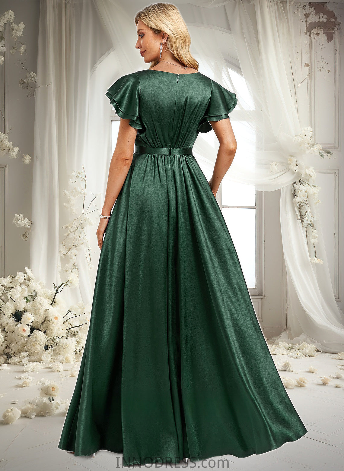 Amaya A-line Scoop Floor-Length Stretch Satin Bridesmaid Dress With Ruffle DPP0025770