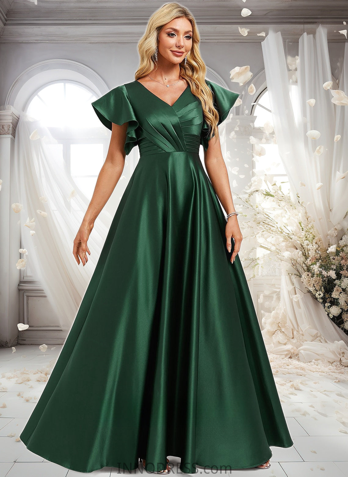 Valerie A-line V-Neck Floor-Length Satin Bridesmaid Dress With Ruffle DPP0025777