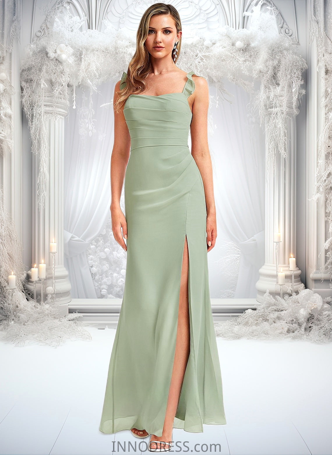 EmeryPiper A-line Square Floor-Length Chiffon Bridesmaid Dress With Ruffle DPP0025739