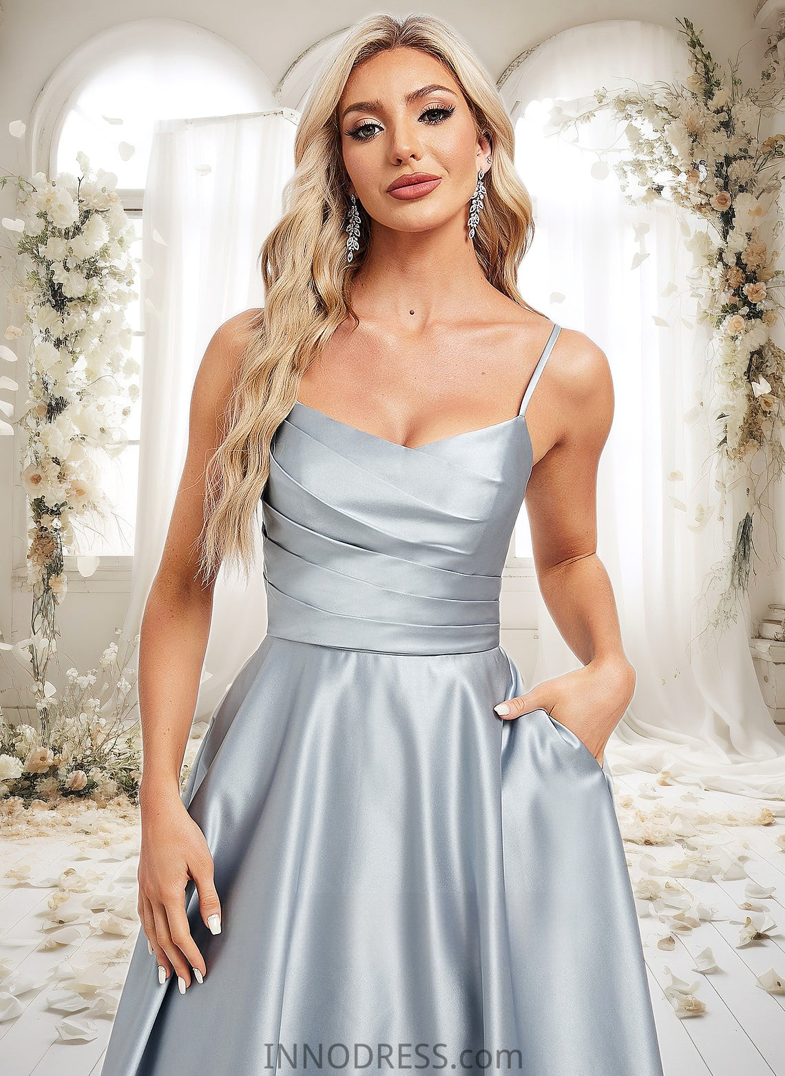 Brenda A-line V-Neck Tea-Length Satin Bridesmaid Dress DPP0025794