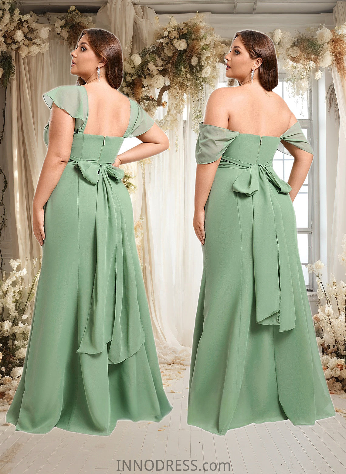 Lesley Trumpet/Mermaid Off the Shoulder V-Neck Floor-Length Chiffon Bridesmaid Dress DPP0025810