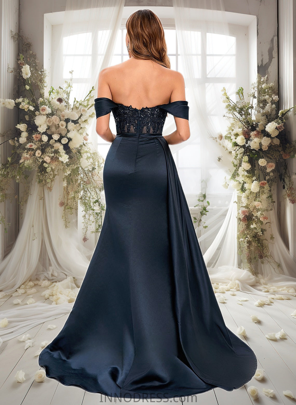 Alondra Trumpet/Mermaid Off the Shoulder Sweep Train Satin Prom Dresses With Sequins Appliques Lace DPP0025835