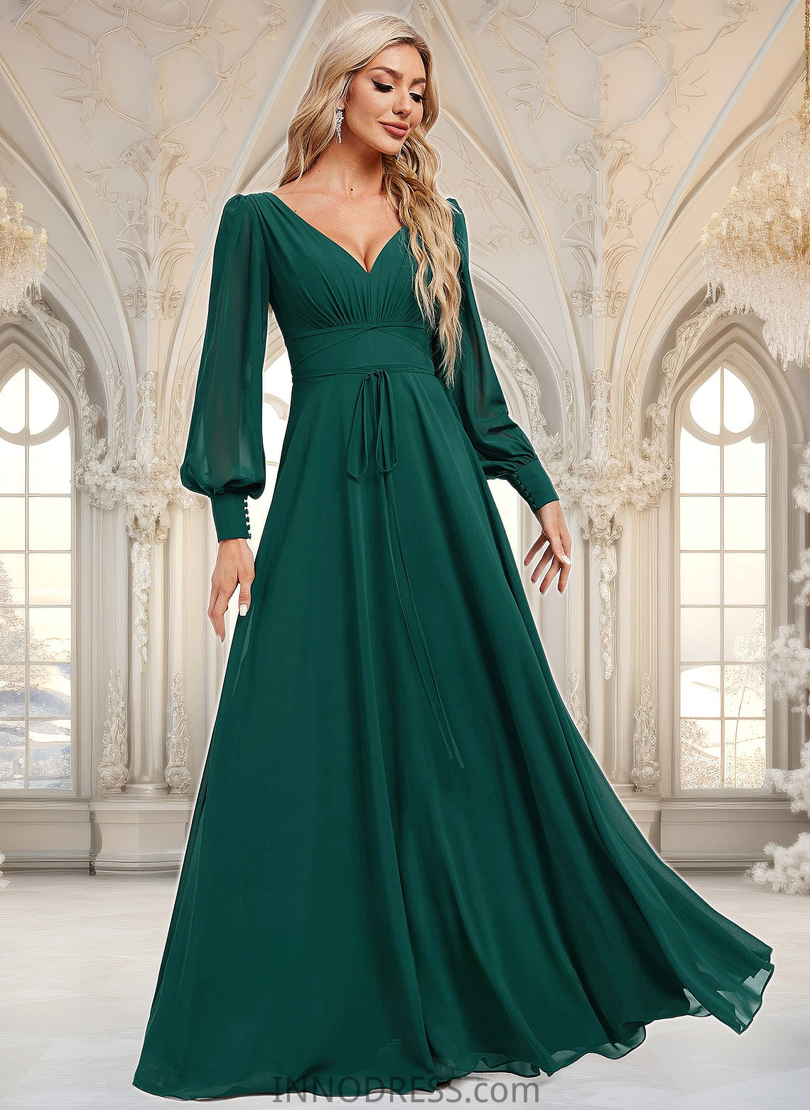 Mylee A-line V-Neck Floor-Length Chiffon Bridesmaid Dress DPP0025816