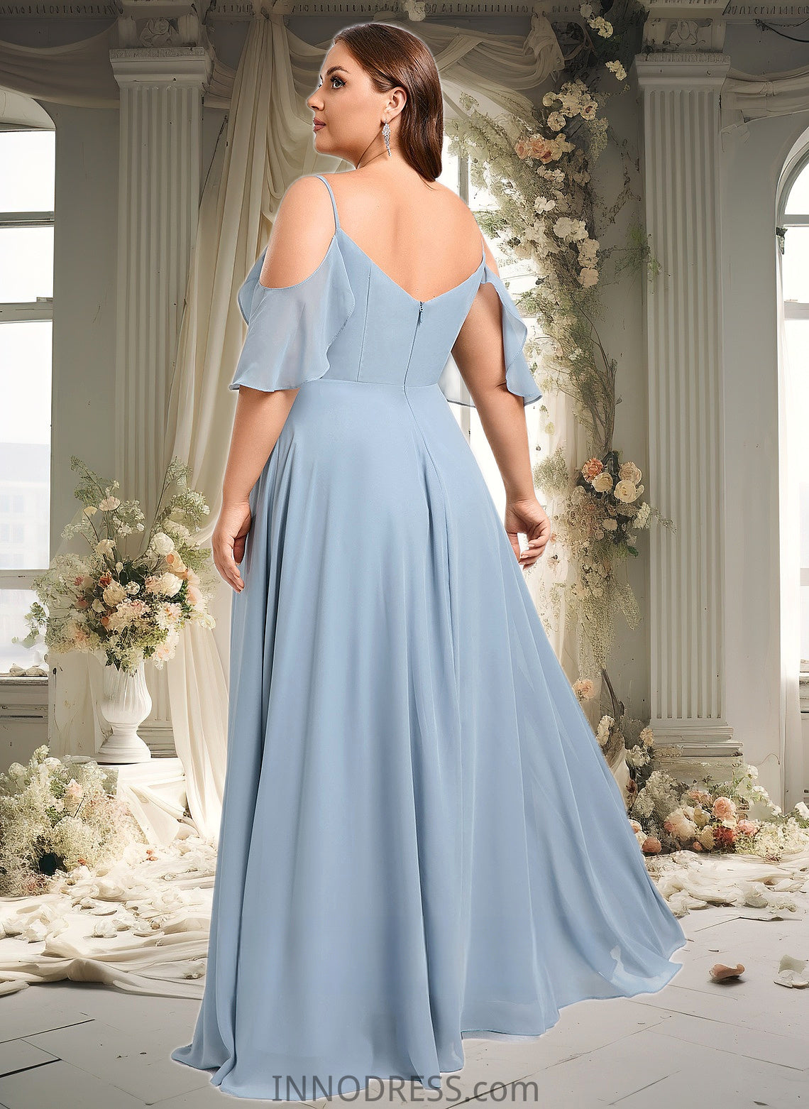 Valeria A-line Cold Shoulder Floor-Length Chiffon Bridesmaid Dress With Ruffle DPP0025797