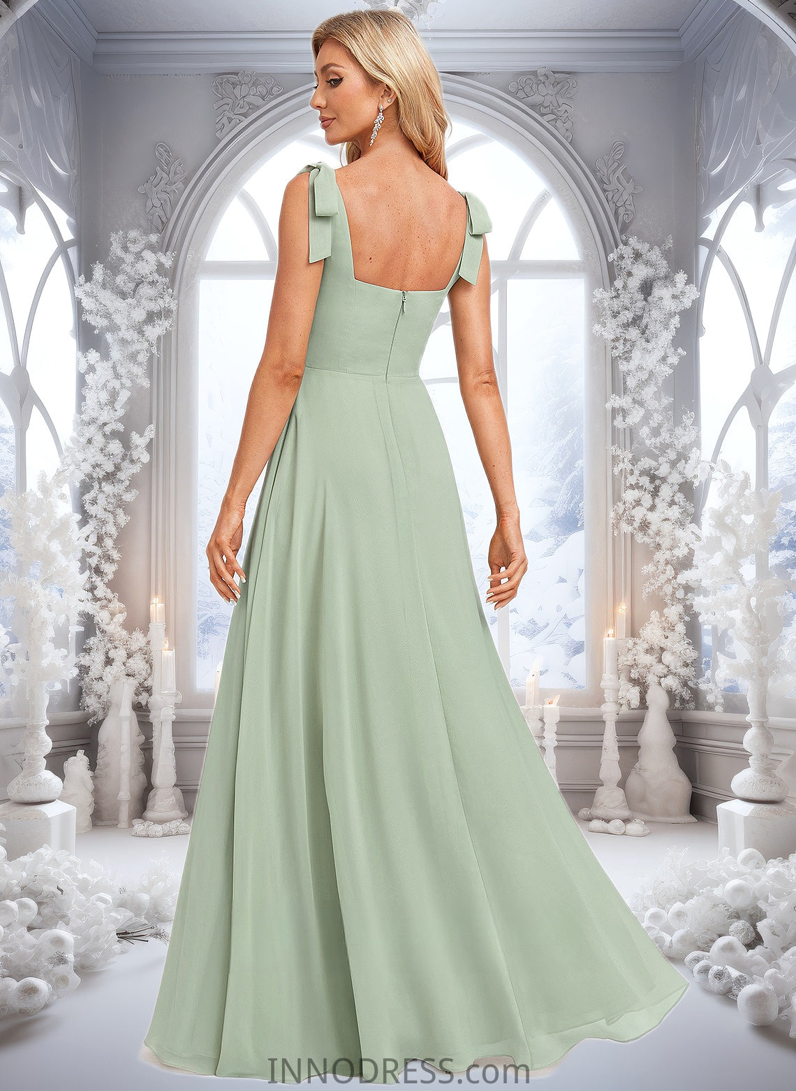 Lesley A-line Square Floor-Length Chiffon Prom Dresses With Bow DPP0025876