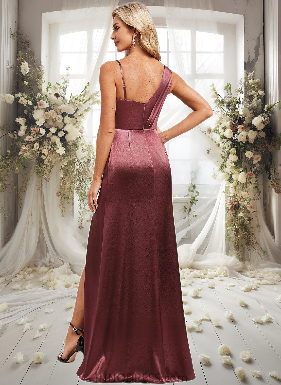 Ally A-line Asymmetrical Floor-Length Stretch Satin Bridesmaid Dress DPP0025828