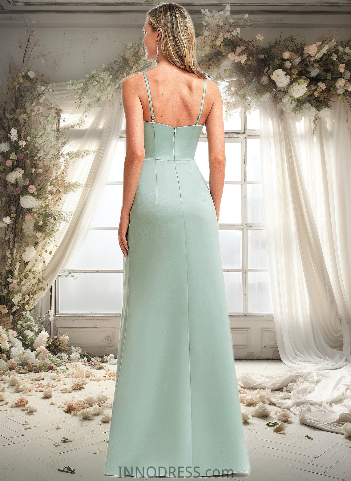 Desirae A-line Square Floor-Length Satin Bridesmaid Dress With Ruffle DPP0025736