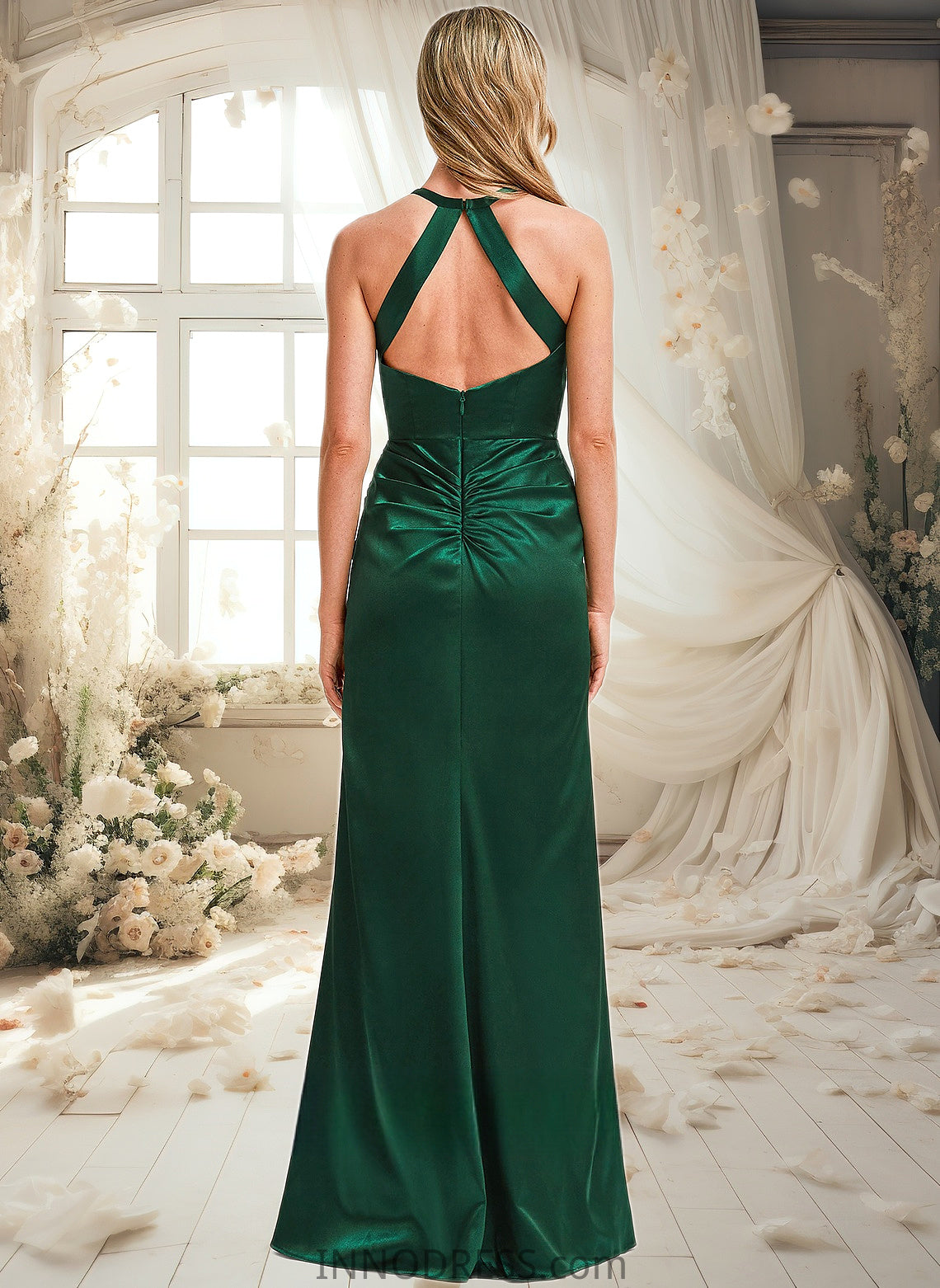 Patricia A-line V-Neck Floor-Length Stretch Satin Bridesmaid Dress DPP0025746