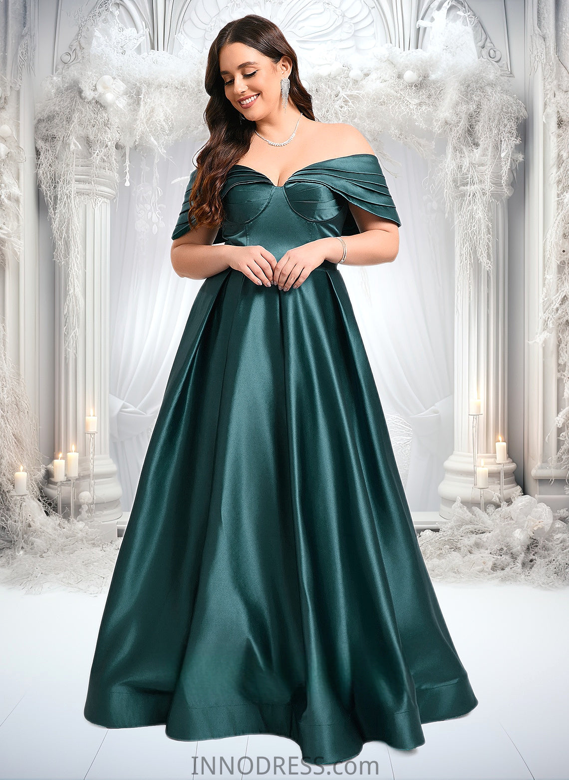 Iris A-line Off the Shoulder Floor-Length Satin Prom Dresses With Pleated DPP0025851