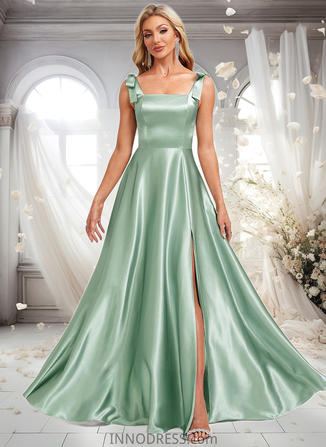 Kaelyn A-line Square Floor-Length Stretch Satin Bridesmaid Dress With Bow DPP0025788