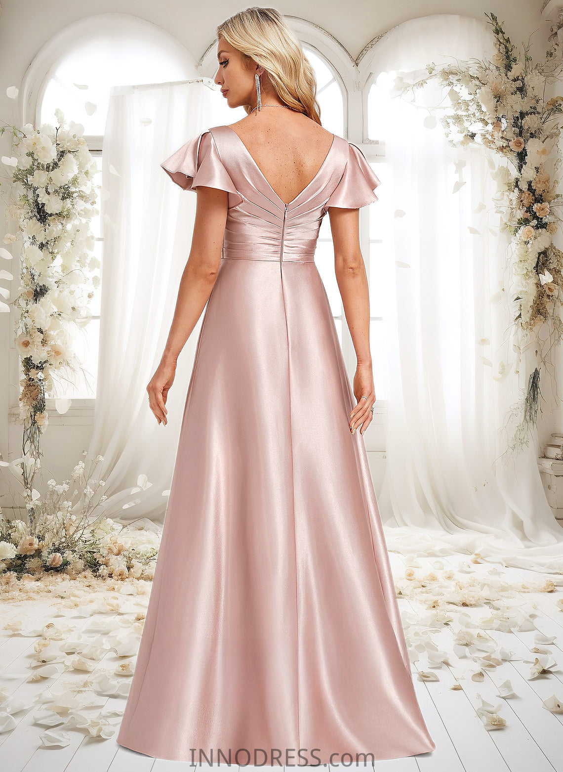 Tamara A-line V-Neck Floor-Length Stretch Satin Bridesmaid Dress With Ruffle DPP0025787