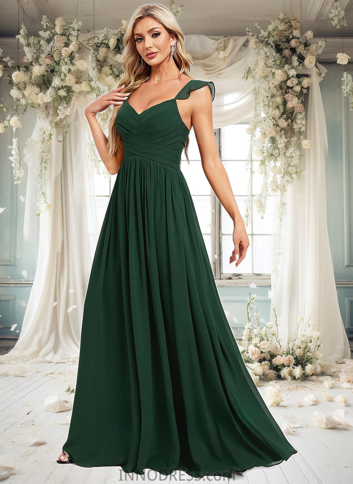 Prudence A-line V-Neck Floor-Length Chiffon Bridesmaid Dress With Ruffle DPP0025811