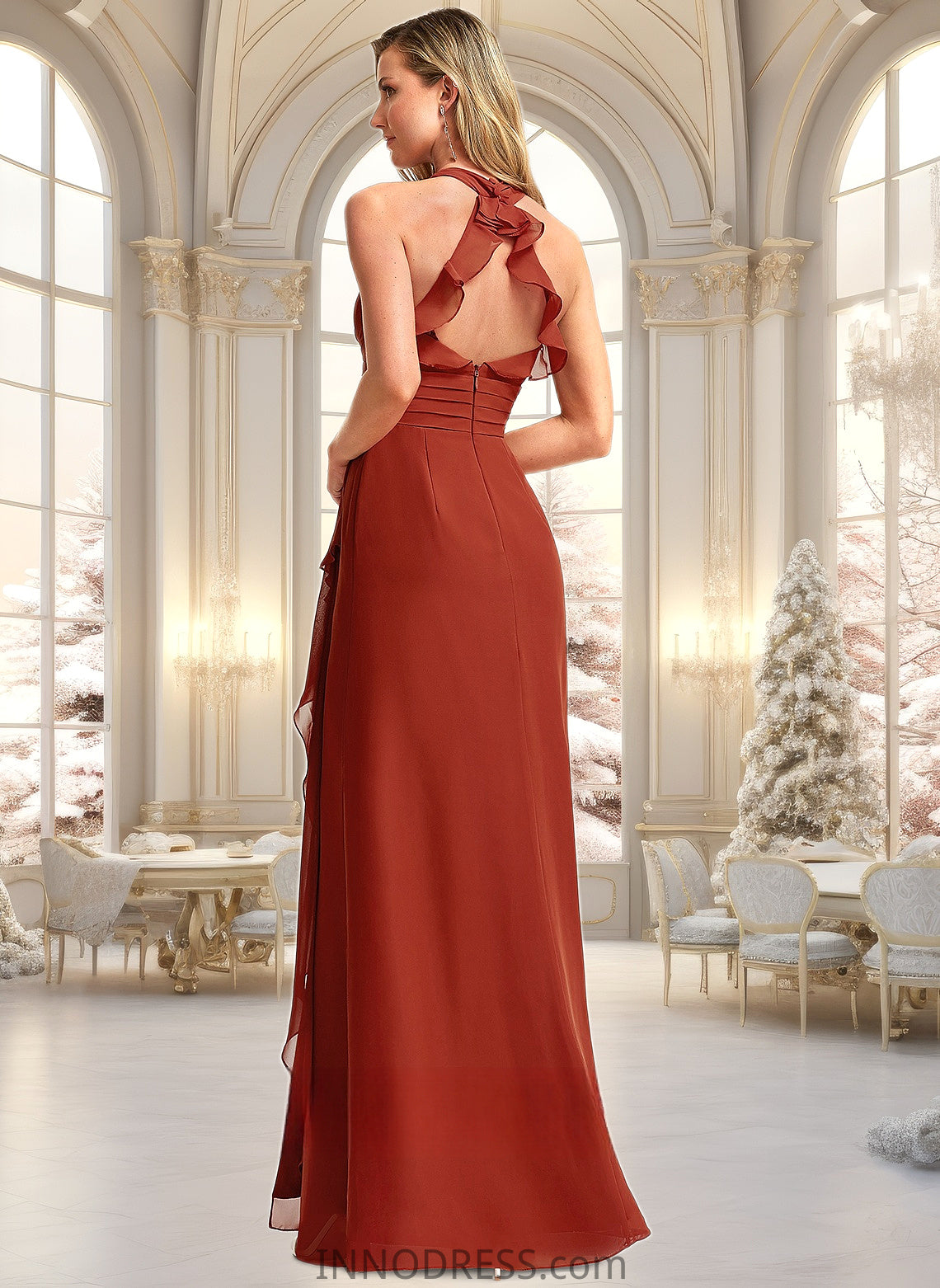 Mikayla A-line V-Neck Floor-Length Chiffon Bridesmaid Dress With Ruffle DPP0025754