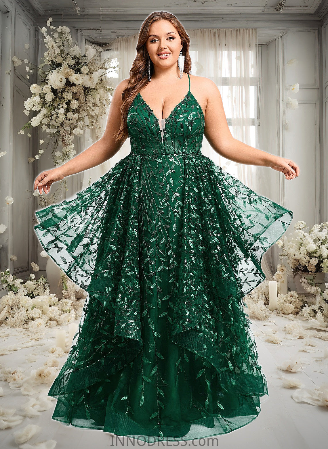 Ryann Ball-Gown/Princess V-Neck Floor-Length Lace Floral Prom Dresses With Sequins DPP0025838