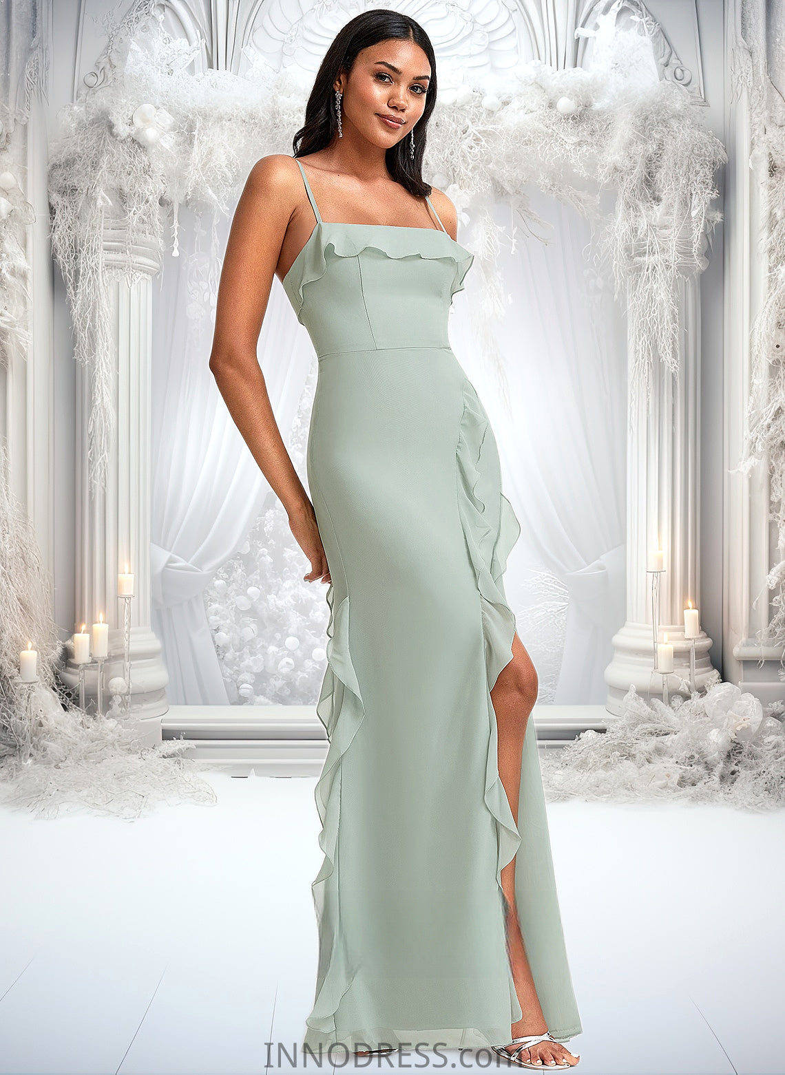 Sienna A-line Square Floor-Length Chiffon Bridesmaid Dress With Ruffle DPP0025735