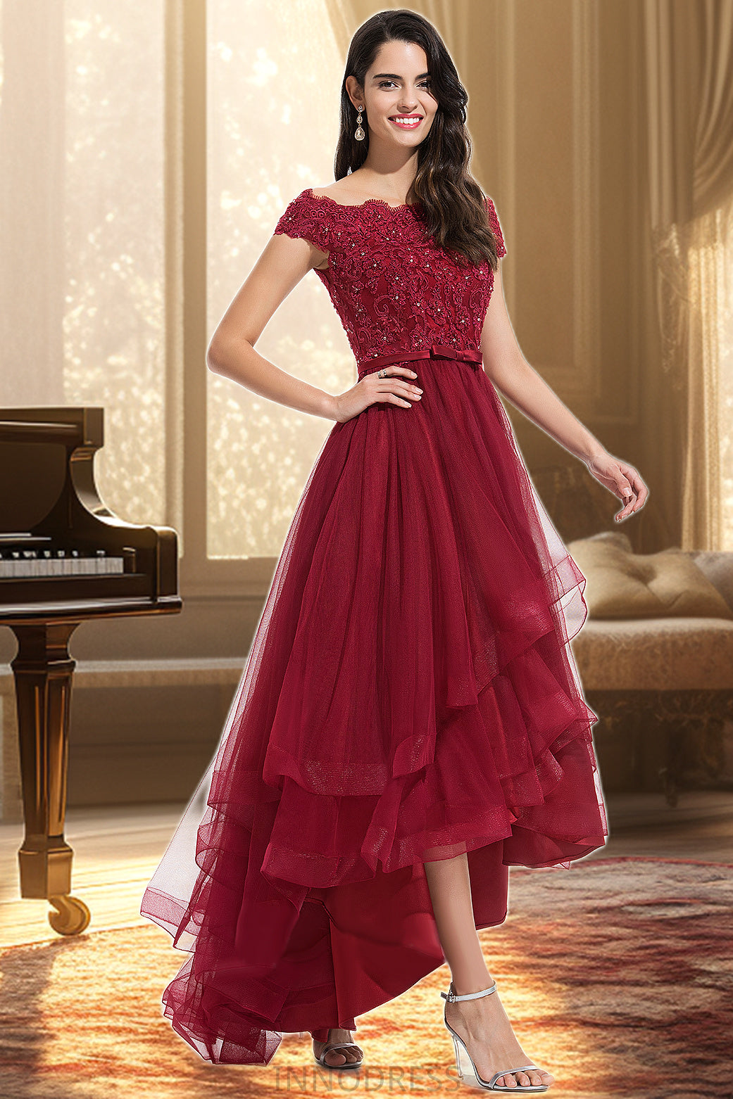 Brynlee A-line Off the Shoulder Asymmetrical Lace Tulle Homecoming Dress With Beading Bow Sequins DPP0020535