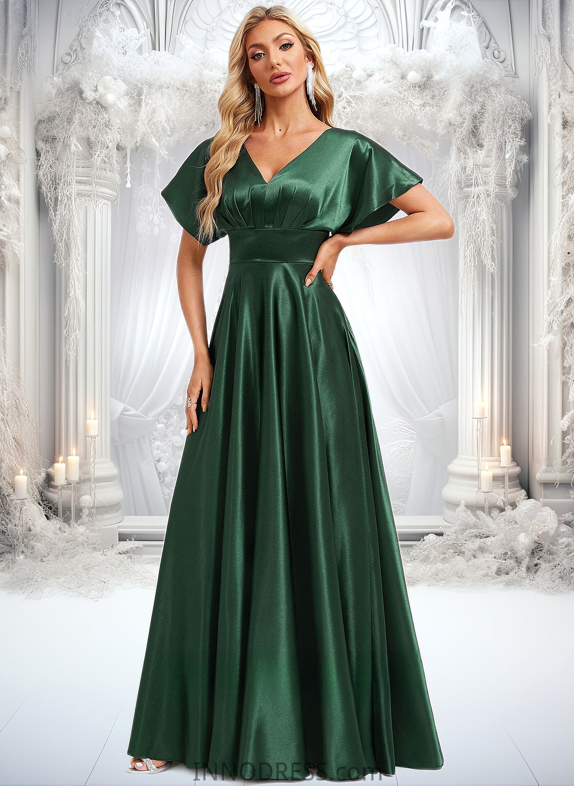 Rayna A-line V-Neck Floor-Length Stretch Satin Bridesmaid Dress DPP0025782