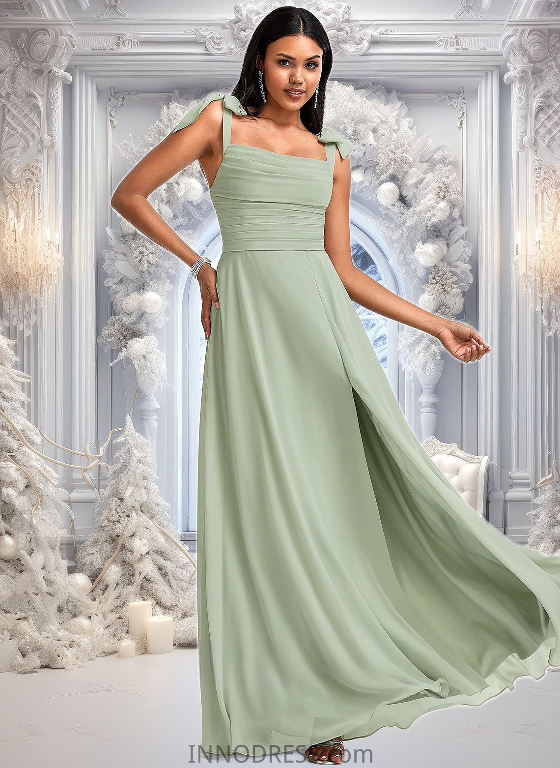 Macy A-line Cowl Floor-Length Chiffon Bridesmaid Dress With Bow DPP0025738