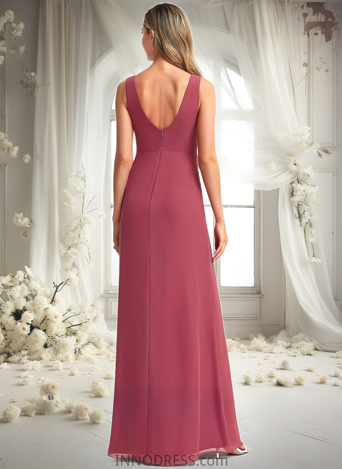 Hedwig A-line V-Neck Floor-Length Chiffon Bridesmaid Dress DPP0025753