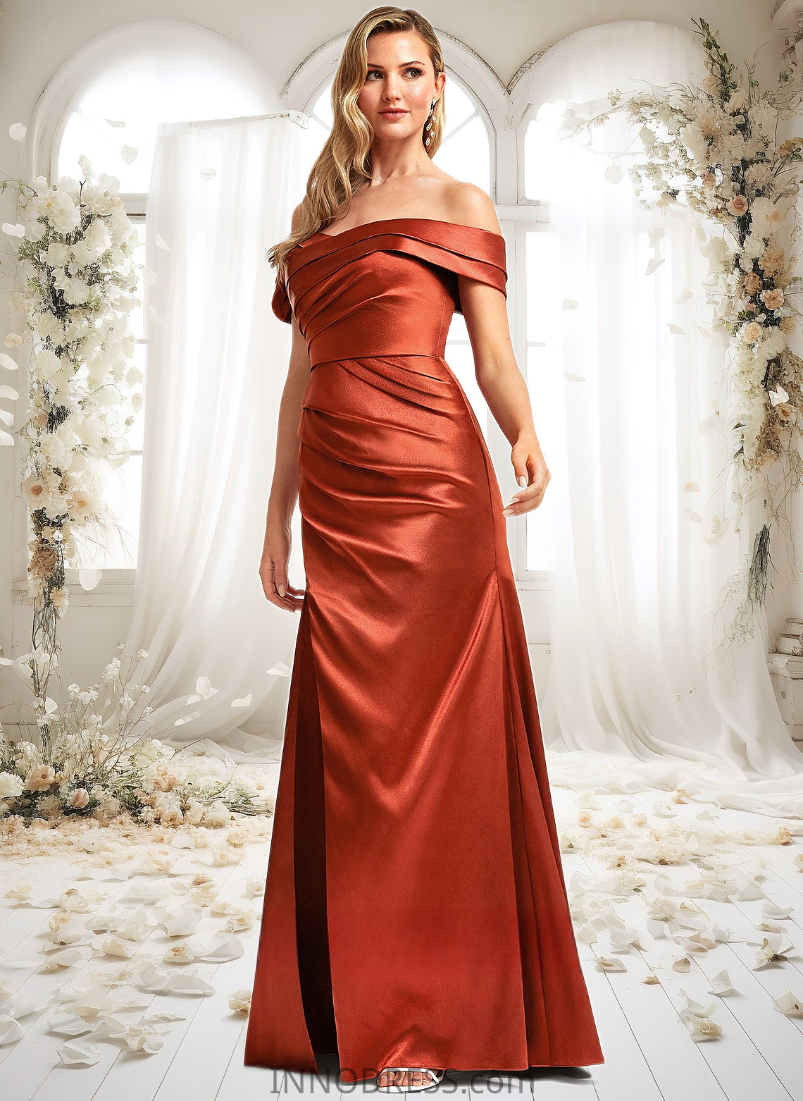 Ruth A-line Off the Shoulder Floor-Length Stretch Satin Bridesmaid Dress DPP0025757