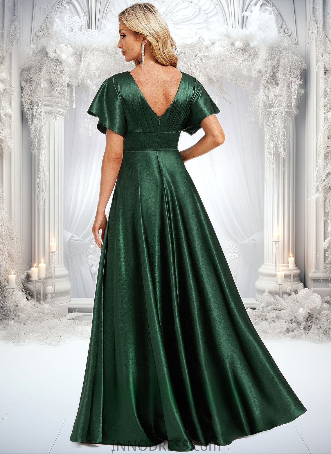 Rayna A-line V-Neck Floor-Length Stretch Satin Bridesmaid Dress DPP0025782