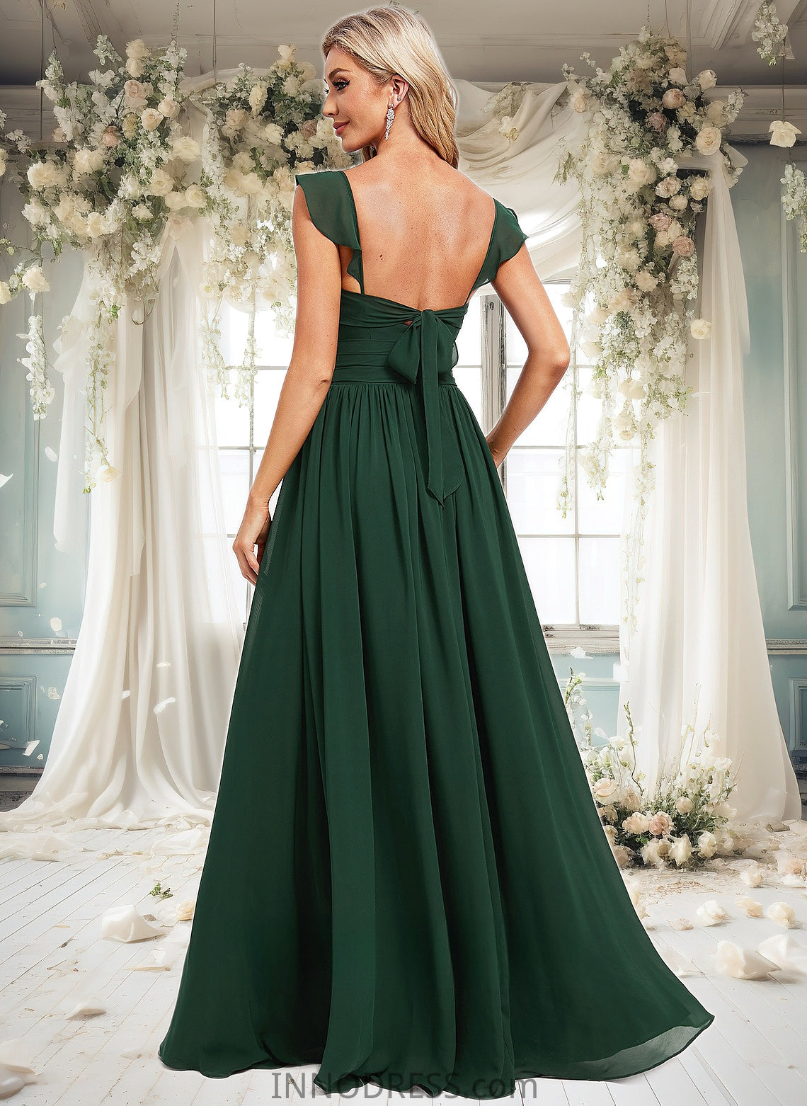 Prudence A-line V-Neck Floor-Length Chiffon Bridesmaid Dress With Ruffle DPP0025811