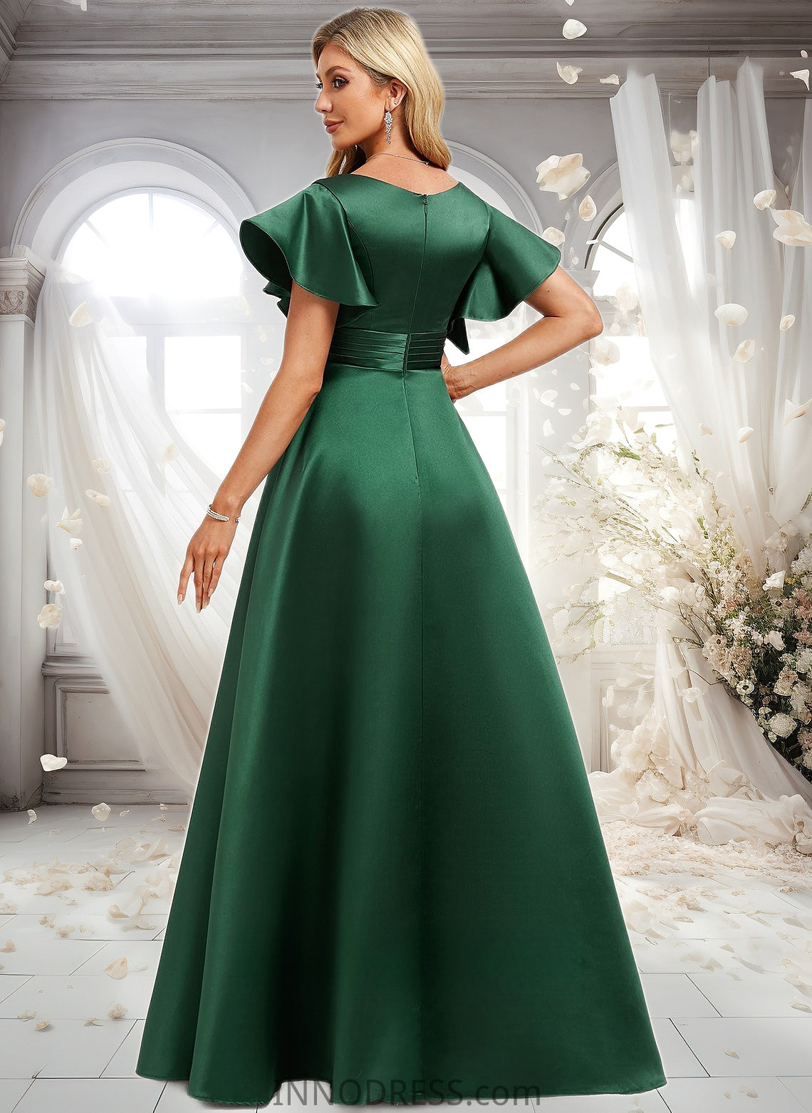 Valerie A-line V-Neck Floor-Length Satin Bridesmaid Dress With Ruffle DPP0025777