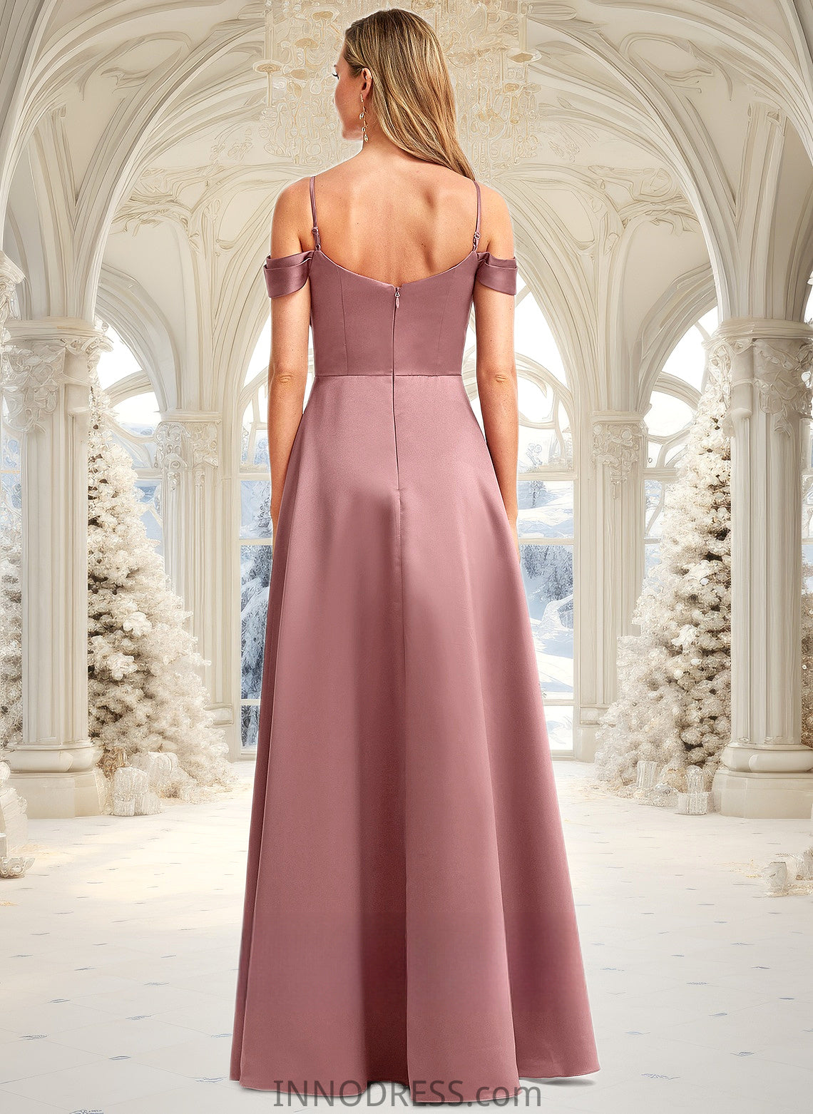 Winifred A-line Cold Shoulder Floor-Length Satin Bridesmaid Dress DPP0025750