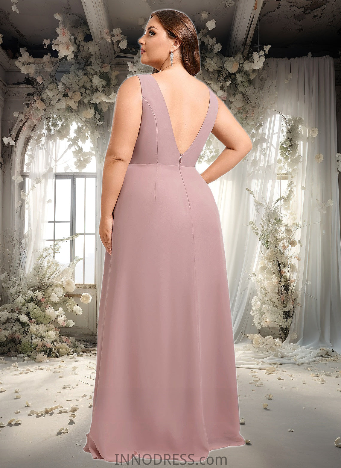 Fatima A-line V-Neck Floor-Length Chiffon Bridesmaid Dress DPP0025820