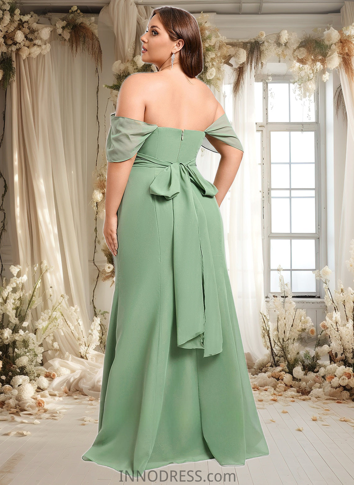 Lesley Trumpet/Mermaid Off the Shoulder V-Neck Floor-Length Chiffon Bridesmaid Dress DPP0025810