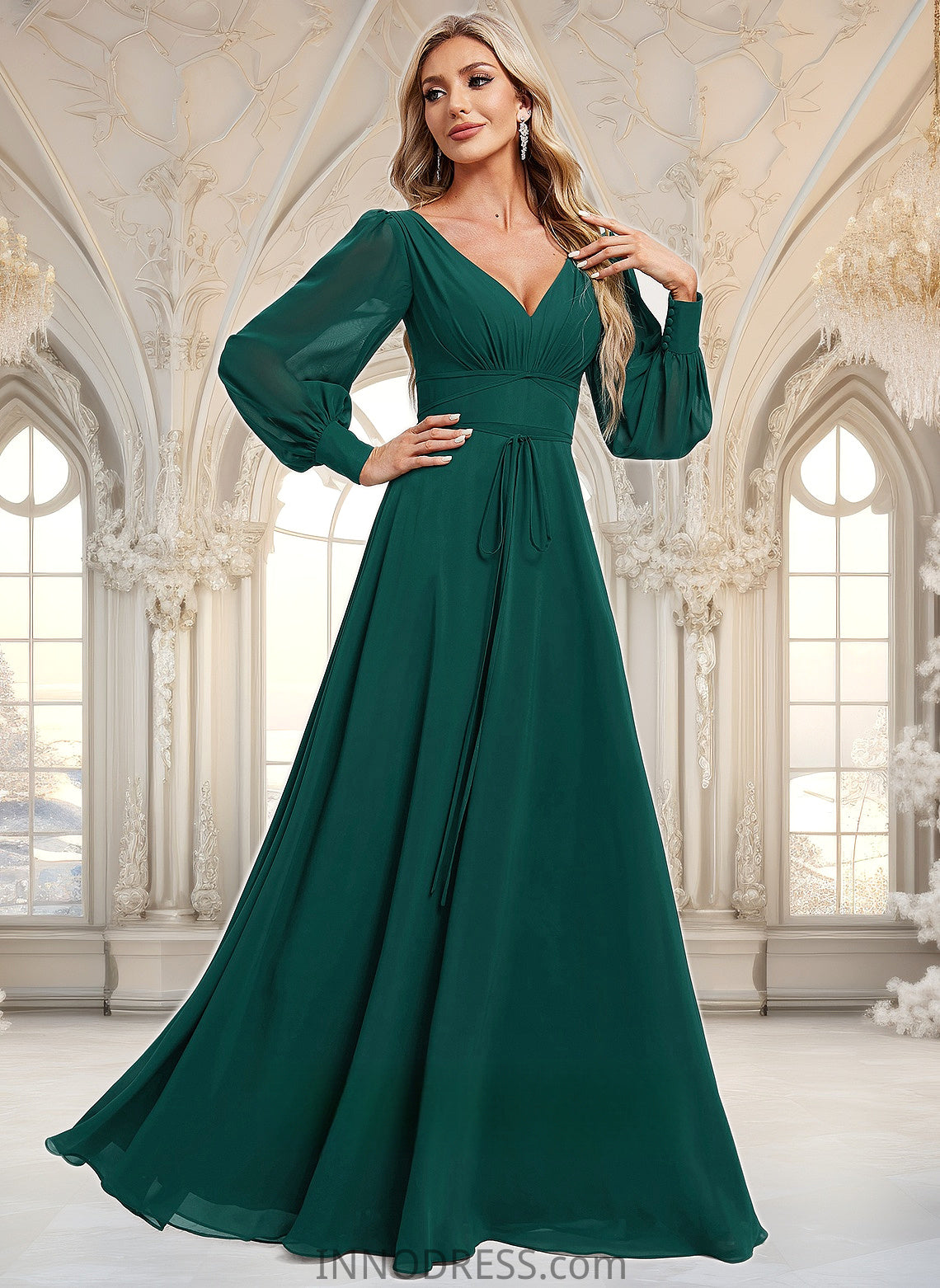 Mylee A-line V-Neck Floor-Length Chiffon Bridesmaid Dress DPP0025816