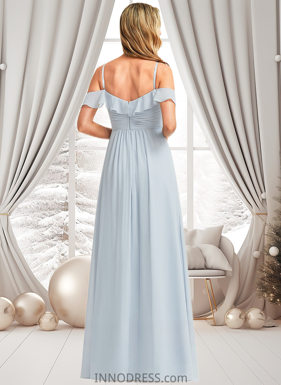 Hope A-line Cold Shoulder Floor-Length Chiffon Bridesmaid Dress With Ruffle DPP0025723