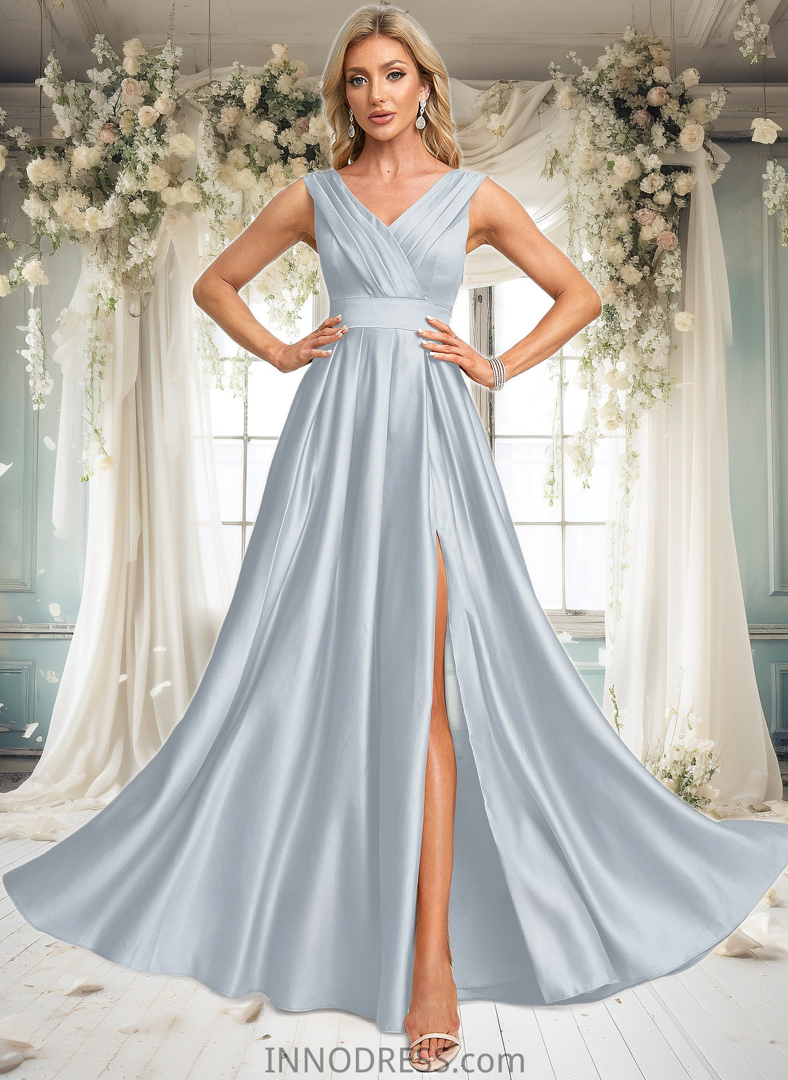 Paula A-line V-Neck Floor-Length Satin Prom Dresses DPP0025877