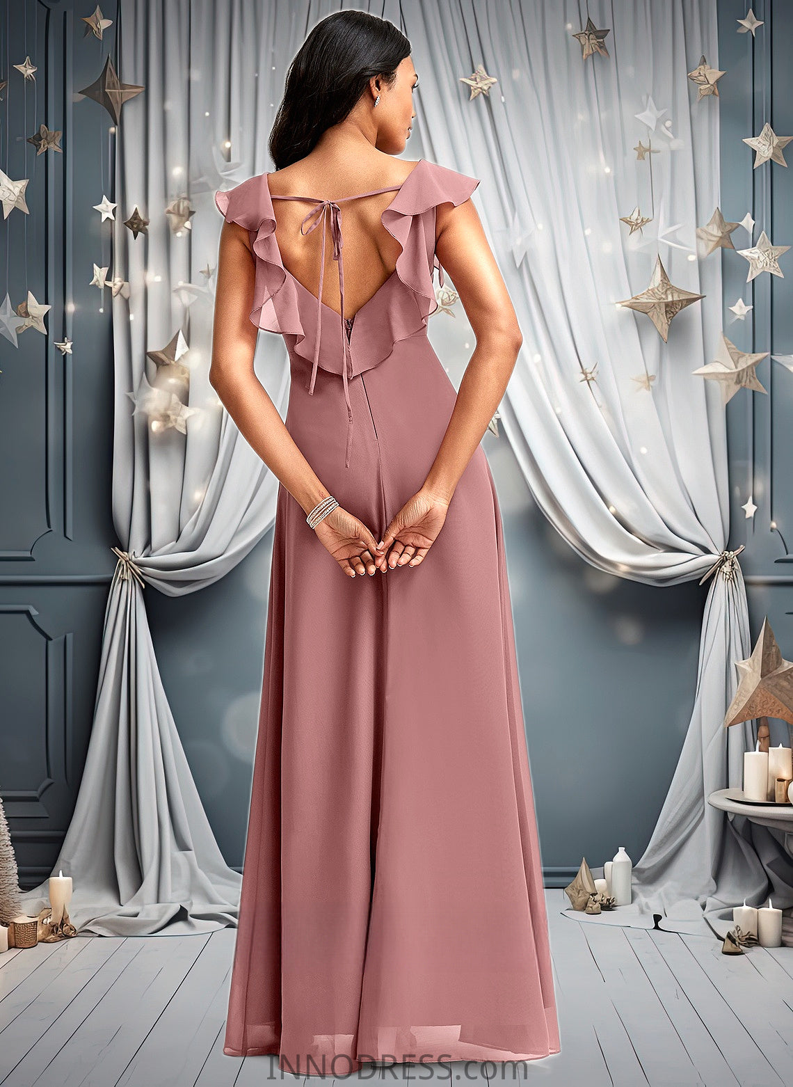 Mackenzie A-line V-Neck Floor-Length Chiffon Bridesmaid Dress With Ruffle DPP0025751