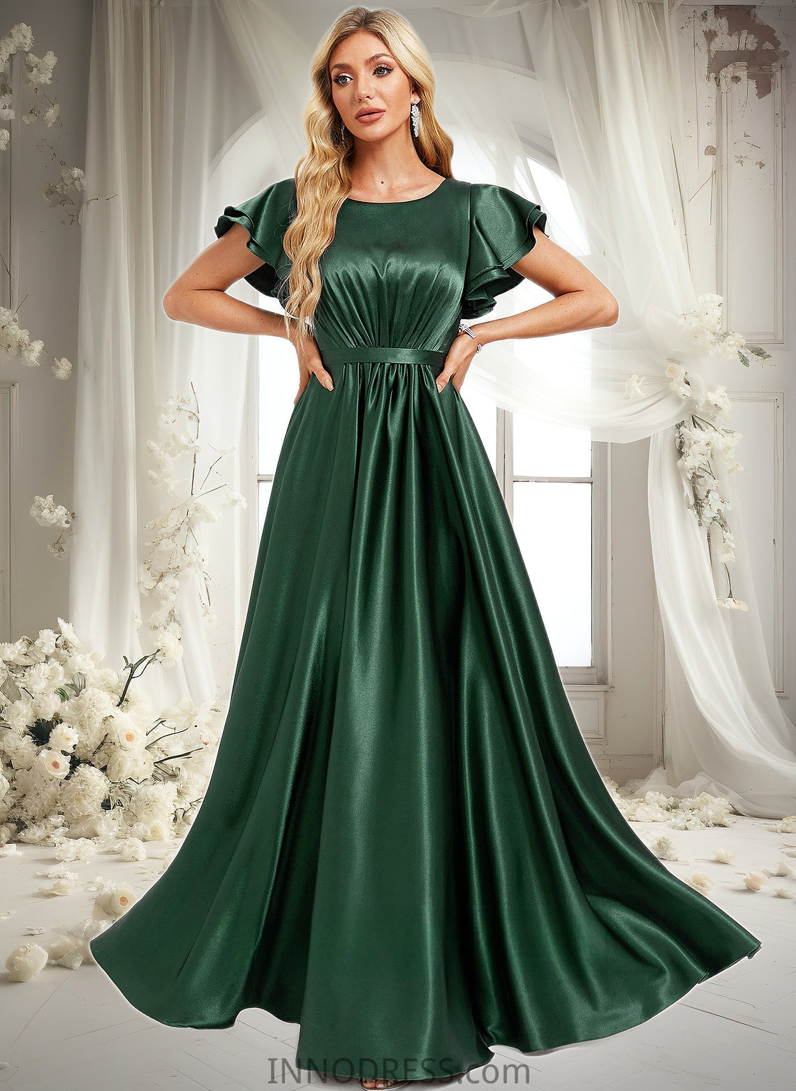 Amaya A-line Scoop Floor-Length Stretch Satin Bridesmaid Dress With Ruffle DPP0025770