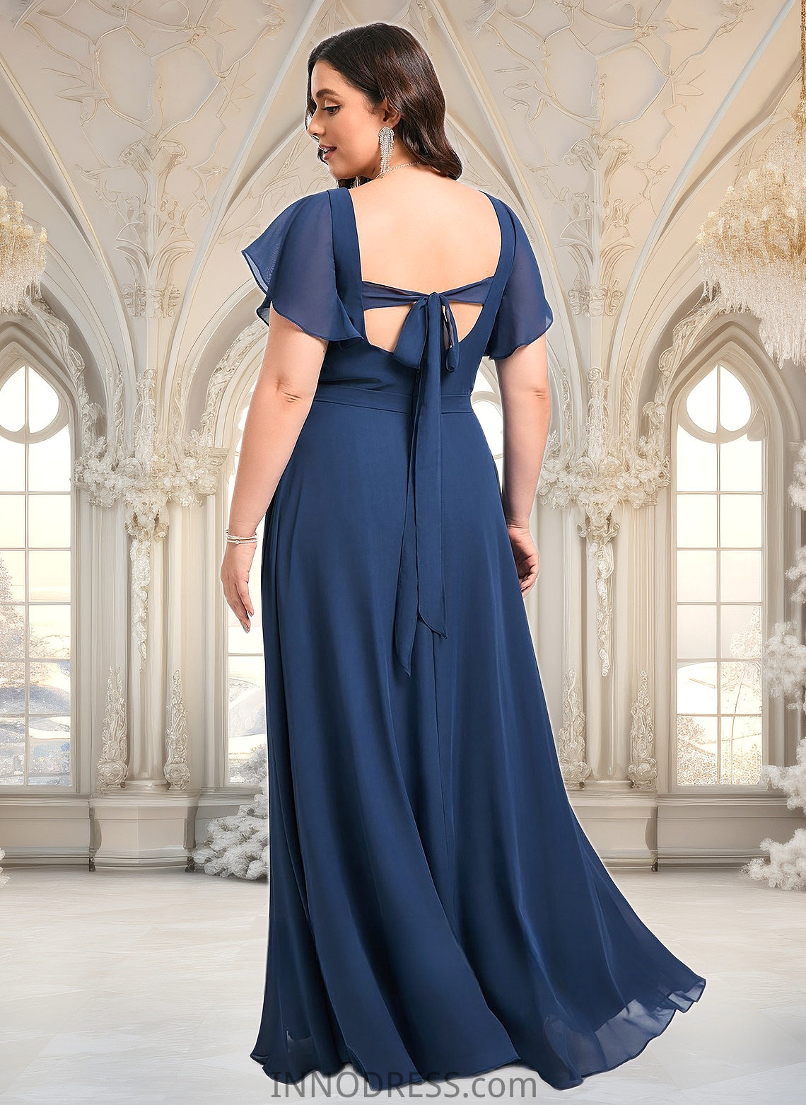 Morgan A-line V-Neck Floor-Length Chiffon Bridesmaid Dress With Ruffle DPP0025802