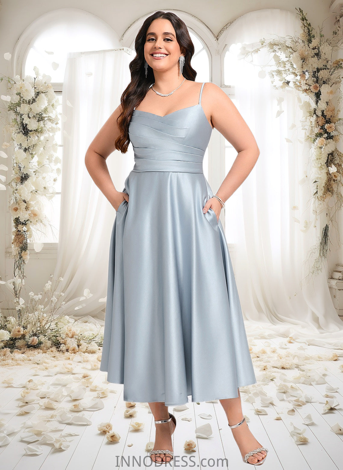 Brenda A-line V-Neck Tea-Length Satin Bridesmaid Dress DPP0025794