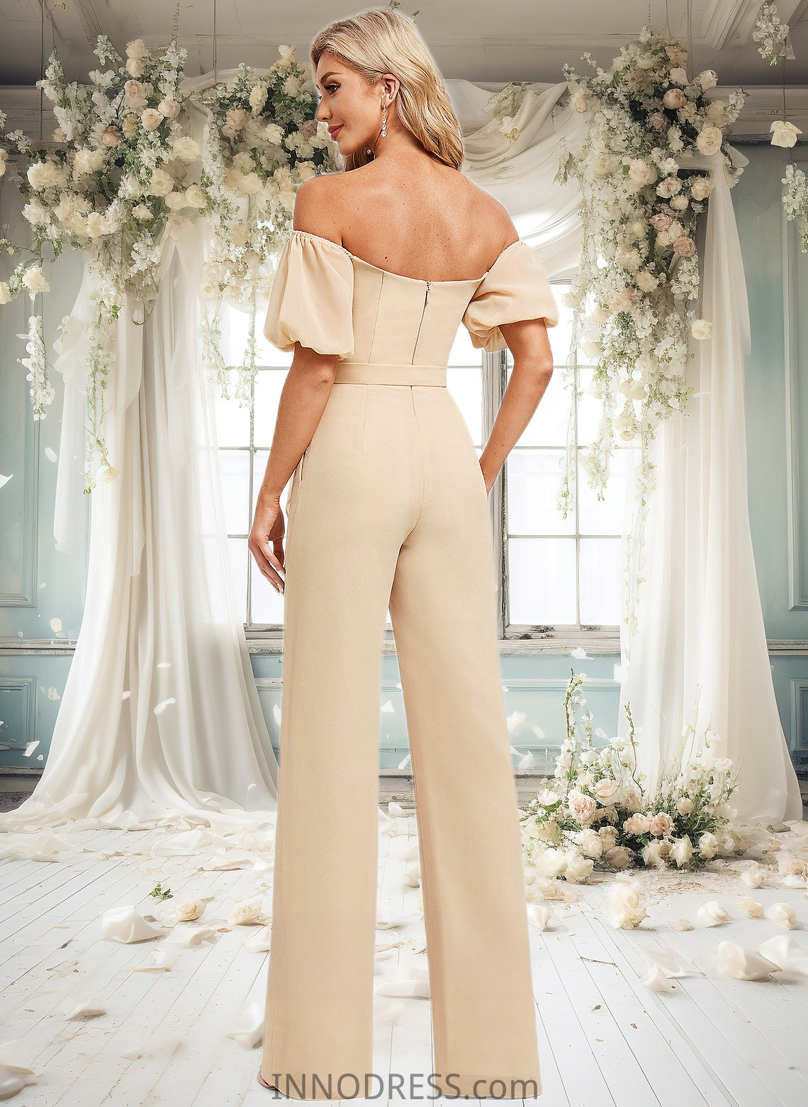 Gertrude Jumpsuit/Pantsuit Off the Shoulder Square Floor-Length Chiffon Bridesmaid Dress DPP0025791